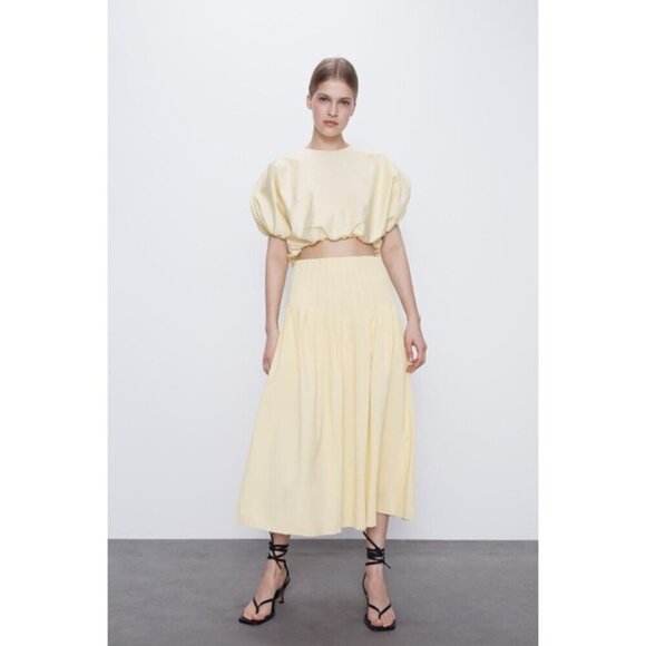 Preloved Zara pastel yellow pleated A-line midi skirt, XS - Picture 1 of 11